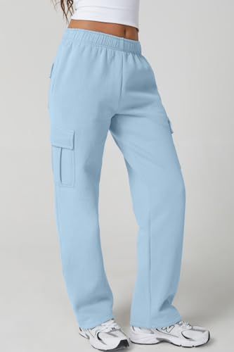 Image of QINSEN Baggy Medium Waist Elastic Sweatpants for Womens Casual Long Fleece Cargo Pants with Pockets