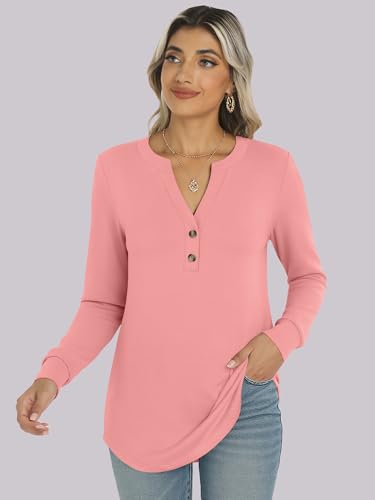 ANRABESS Women's Long Sleeve Shirts 2026 Spring Fashion Dressy Casual Tops Trendy Henley Blouses Cute Work Outfits Clothes Coral Pink X-Large — view 6