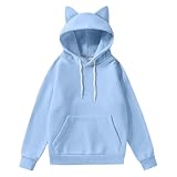 Heevina Hoodies For Women Cat Ear Solid Color Drawstring Pocket Hoodie Loose Fit Hooded Sweatshirt Fall Winter Casual (Light Blue, X-Large)