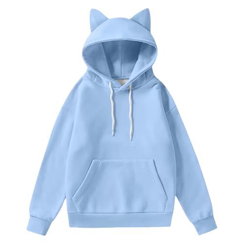 Heevina Hoodies For Women Cat Ear Solid Color Drawstring Pocket Hoodie Loose Fit Hooded Sweatshirt Fall Winter Casual (Light Blue, X-Large)