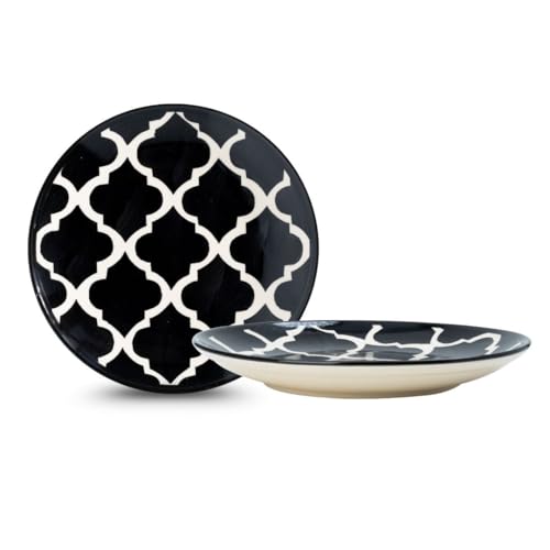 Image of Charcoal Black Ceramic Round Plates - Set of 2 (8.07 inch) | Microwave, Oven & Dishwasher Safe | Perfect for Dessert, Salad & Small Meals | Elegant Porcelain Dish | Ideal for Gifting