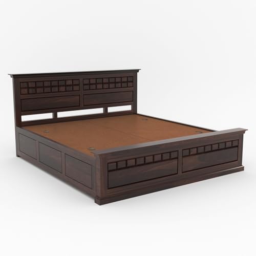 Image of Sheesham Wood King Size Bed with Storage Box | Wooden Box Bed King Size Double Cot Bed with Storage for Bedroom | Chocolate Dalla Design Headboard Bed for Hotel, Home | Walnut Finish