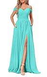 YIANN Turquoise Cold Shoulder Bridesmaid Dresses with Pockets Plus Size Chiffon Long Formal Wedding Guest Dress UK32