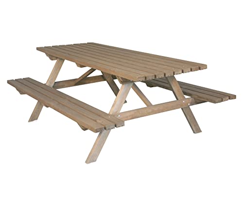 Jardipolys Table de Pique-Nique en Bois Longueur 200 cm | Grande Table de Jardin en Bois familiale | Table en Bois avec bancs intégrés pour l'extérieur | 6 à 8 Personnes