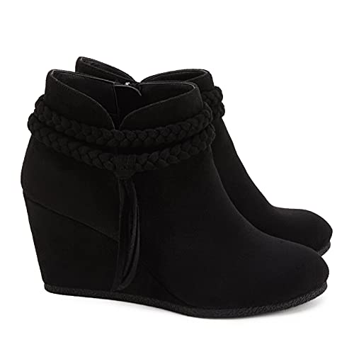 Image of Fashare Womens Wedge Ankle Boots Braided Fringe Strap Western Heeled Fall Booties Dress Shoes