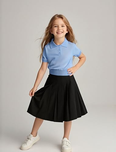 Image of Girls Short Sleeve Polo Shirt V Neck Button Down Shirts Summer Knit School Uniform Crop Tops