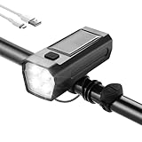 300 Lumens 8 Modes + Solar Energy Rechargeable Bike Lights for Night Riding | USB Rechargeable Front & Rear Bicycle Lights with 120dB Horn for Road | Waterproof LED Bike Headlight for Mountains