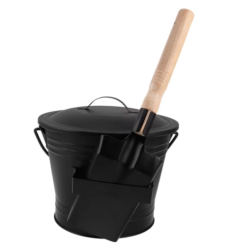 BAZEITFLOW Juego de Contenedor para Restos de Chimenea con Tapa y Pala de Metal Resistente al Calor Cubo para Fogatas y Estufas de Leña Herramienta Uso Interior y Exterior