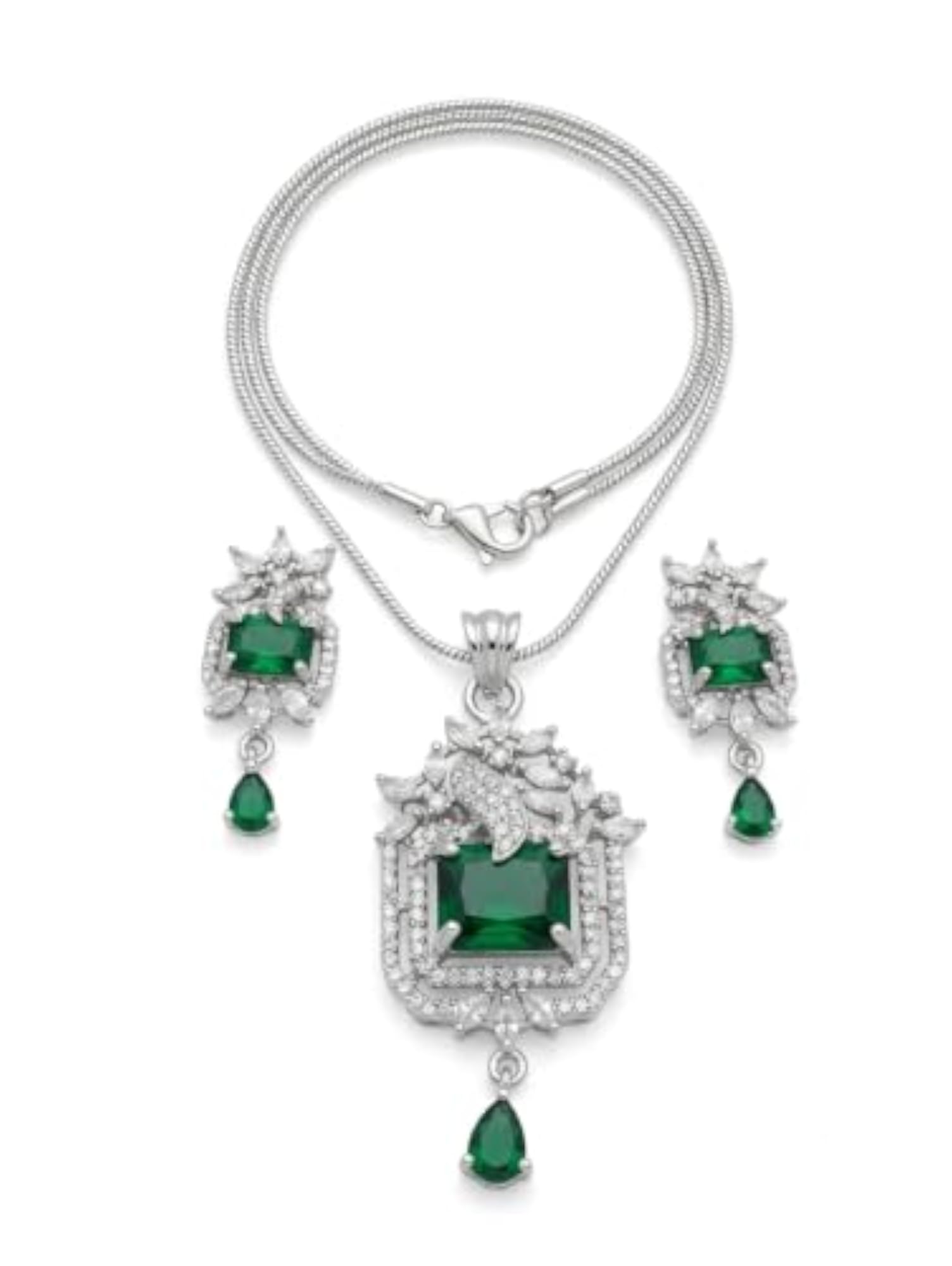Green Stone Pendant Set with Earrings and Artificial Diamond, Elegant Gift