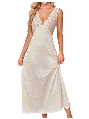 Image of WDIRARA Women's Satin Sleepwear Nightgown | Lace, Backless, Deep V Neck, Sleeveless, Long, Leopard Apricot, Large