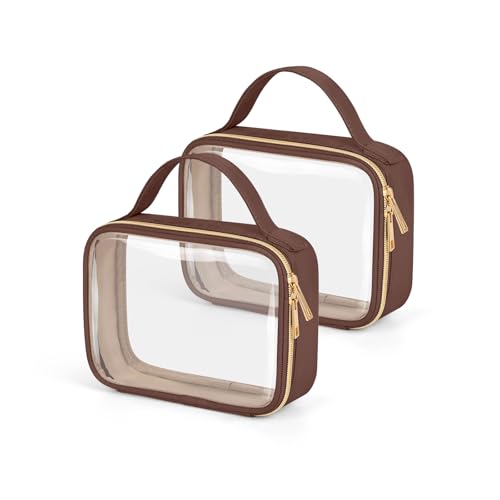 Image of Wedama TSA Approved Toiletry Bag, 2 Pack Clear Makeup Bags with Handles, Quart Size PVC Clear Cosmetic Bags for Women and Men, Carry on Airport Airline Compliant Bag, Brown