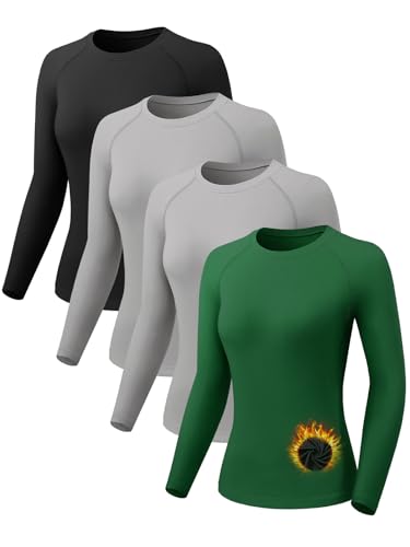 4 Pack Thermal Long Sleeve Shirts for Women Fleece Lined Thermal Underwear Tops Basic Compression Shirts