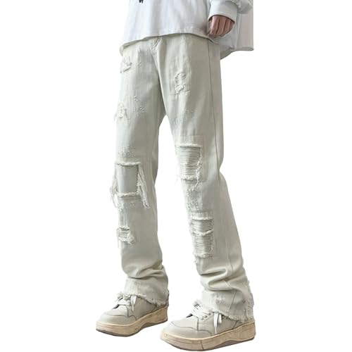 Pantalon en denim pour homme blanc baggy taille haute en XL