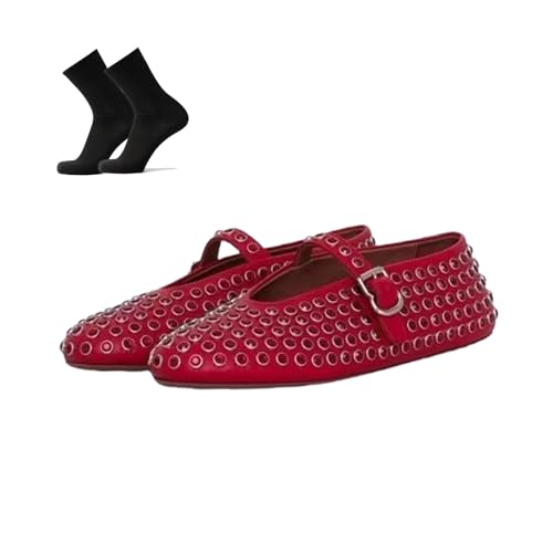 KaloKLU - Bailarinas planas ultra cómodas de malla con diamantes de imitación tachonados para mujer, correa con hebilla, rojo, 38 EU