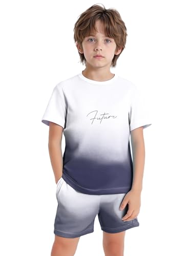 Linjinx Kids Boys Gradient Sports Jersey Football Basketball Athletic Tracksuit Short Sleeve T-Shirt and Shorts Set Dark Gray 7-8 Years