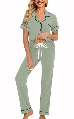 Image of WJing Yi Jia Womens Soft Pajamas Set XS-XXL Button Down Sleepwear Short Sleeves Pajama sets with Long Pants Pj Set Nightwear