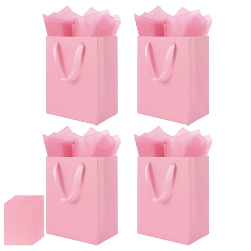 Epoesch 4 Pack Pink Gift Bags Handles and 8 Tissue Paper Medium Size 8 X 5 X10 Inch Paper Bag for Birthday Party Baby Shower Wedding Favors or Mothers Day