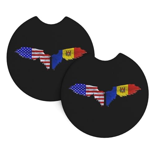 Lot De 2 De Verre Universels Wing America Moldavie Drapeau Moldave Porte-Gobelet pour Boissons Imperméable Lavable sous-Verre pour Voiture, pour Camion, SUV, Tasses À Café, 6.9cm