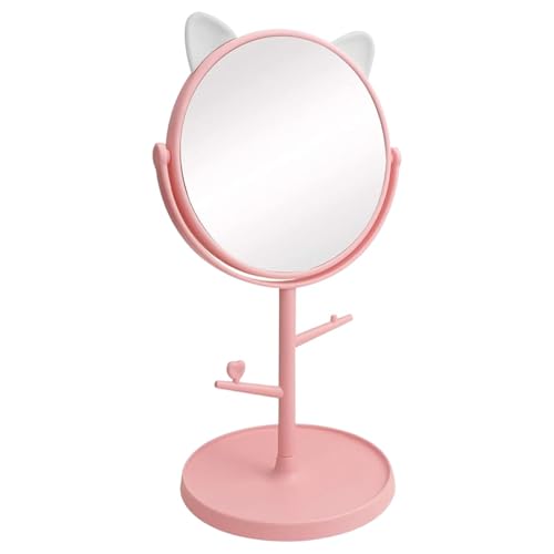 Image of MESKIN Cute Cat Ear Vanity Makeup Mirror with Storage Tray and Jewelry Holder Stand, 360 Desktop Swivel Dressing Table Mirror for Girls, Teens, Dorm Room, Bathroom Mirror (Pack of 1, Pink)