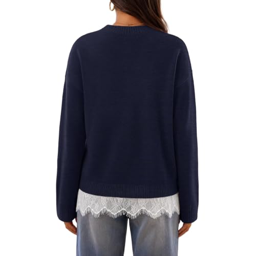 Navy Sweater for Women Knit Lace Trim Hem Long Sleeve Pullover Tops - image 4