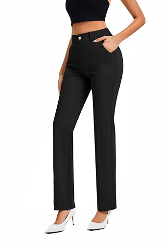 FUNYYZO Women's Work Pants Elastic Waisted Straight Leg Business Slacks Outfits with Pockets