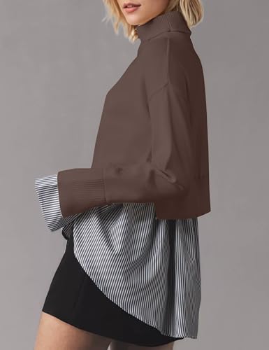 Image of MISSACTIVER Women Slit Turtleneck Patchwork Sweater 2 in 1 Buttons Down Pullover Knit Sweater Asymmetrical Hem Shirt Top