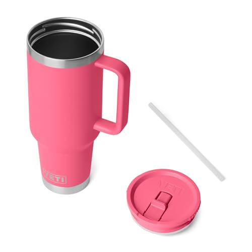 Image of YETI Rambler 40 oz Travel Mug with Flip Straw Lid - Stainless Steel, Vacuum Insulated, Leakproof, Cup Holder Friendly, Tropical Pink