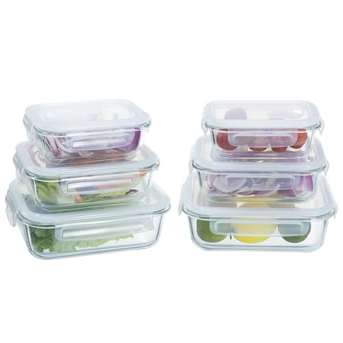 Navaris Set de 6 fiambreras de cristal con tapa - 6x Recipientes variados herméticos antifugas para horno microondas congelador y lavavajillas - Set 2x 370ml 2x 640ml y 2x 1040ml