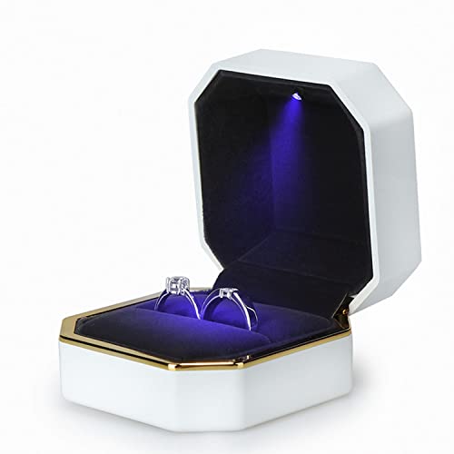 Image of Luxury Ring Box, Square Velvet Wedding Ring Case Jewelry Gift Box with LED Light for Proposal Engagement Wedding, White