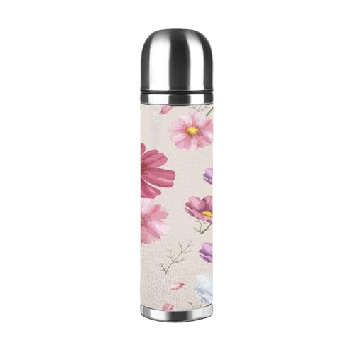 水筒 軽量 魔法瓶 手描きのコスモスの花模様 ステンレスボトル 直飲み 500ml 保温 保冷 ドリンクカップ 直飲み 洗いやすい 通学 遠足 旅行 漏れ防止