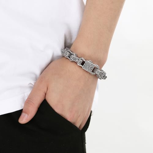 Cuban Link Bracelet for Men Stainless Steel Wave Engraved Chain Men's Bracelet Vintage Silver Bracelet for Men Unique Jewelry Gifts for Him4