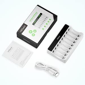 HiQuick battery charger, USB cable, and user manual laid out next to the product box.