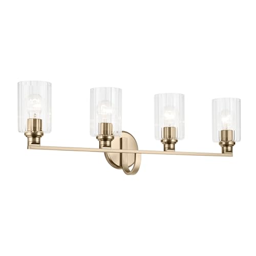 Image of Kichler Gioe 32.25 in 4-Light Bathroom Vanity Light Fixture with Clear Fluted Glass in Champagne Bronze, Damp Rated for Mirror, Powder Room (32.25 in W x 10.5 in H), 55227CPZFLU