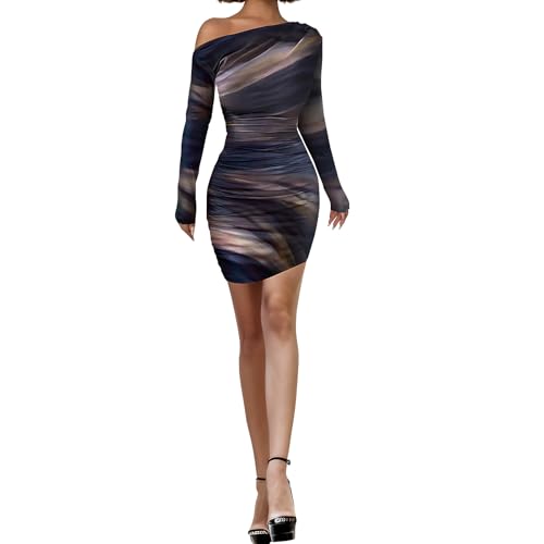 Image of Women's Long Sleeve Bodycon Mini Dress Tie Dye Print Slim Fit Asymmetrical Neck Elegant Formal Ruched Short Dresses