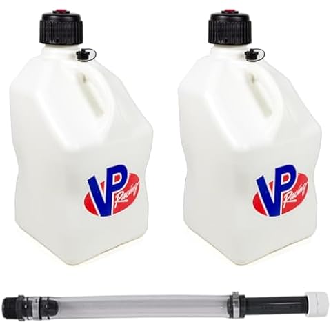 VP Racing 5.5-Gallon Square Motorsport Utility Container White (2 Pack) w/ 15" Deluxe Hose (1 Pack) Close-Trimmed Cap and Neck for Tight Seal Cover