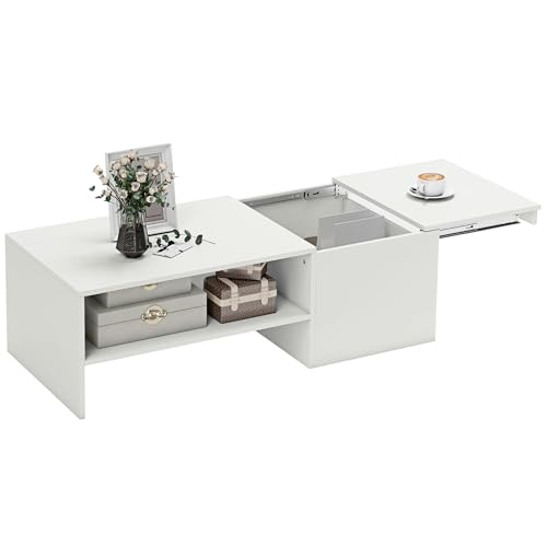 HOMCOM Mesa de Centro con Tablero Deslizante, Mesa Baja para Salón Moderna con Compartimento Oculto, Estante Abierto, Mesa de Café para Comedor, Oficina, 110x52x36 cm, Blanco