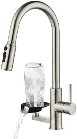 Küchenarmatur 3 Wege Wasserhahn Küche Glasspüler, Wasserfilter Ausziehbar | 3 Wege Spültischarmatur Küche Mynaiad mit Glasspüler,Dual-Auslauf,360°-Drehung,304 Edelstahl Gebürstet f