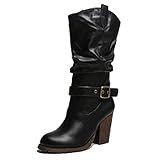  Damen Cowboystiefel Retro Mittlere Waden Motorrad Ritter Stiefel Starke Absätze Slip On Knöchelriemen Schnalle Vintage Slouch Biker Stiefel Damen