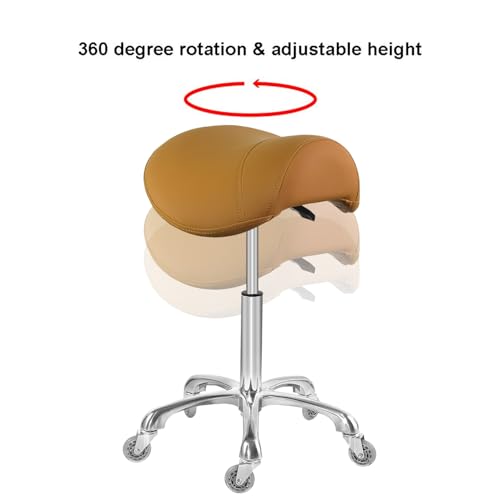 Image of Antlu Saddle Stool Chair for Massage Clinic Spa Salon Cutting, Saddle Rolling Stool with Wheels Adjustable Height (Camel)