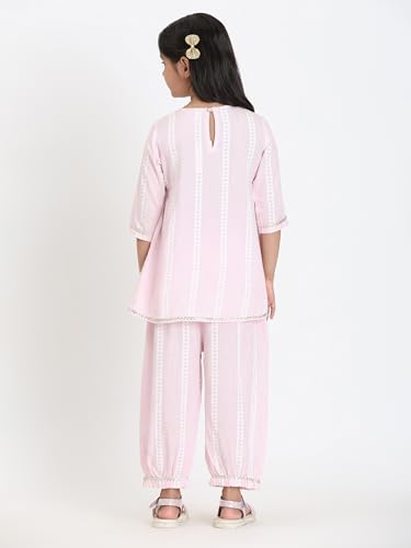 Image of Maaesa Girls' Light Pink & White Striped Cotton Alia Kurta and Afghani Pants Set | Sleeves | V-Neck with Metallic Trim | Lightweight & Breathable | Festive & Casual Wear