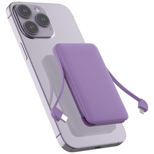 Sethruki Smallest Portable Charger with Built-in Cables 5000mAh,Ultra Slim Power Bank,Mini High Speed External Battery Packs,Lightweight USB C Phone Charger for iPhone Samsung Google Android (Purple)