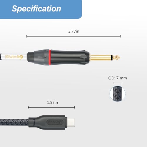 Cable USB-C para Guitarra 1/4" TS a USB-C 6.6 pies miniatura 6