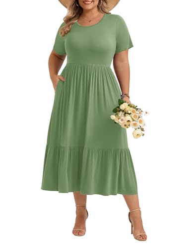 Image of LARACE Plus Size Dresses for Women Summer Casual Short Sleeve Long Dress Flowy Maxi Beach Dresses with Pockets L-6XL