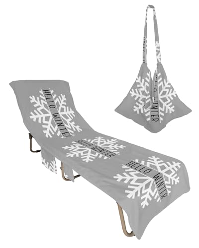 Grey Snowflake Christmas Beach Lounge Chair Towel Cover, Soft Chaise Lounge Towel with Side Pockets Patio Pool Chairs Cover for Beach/Pool Sunbathing 29x85 Hello Winter Snowflake
