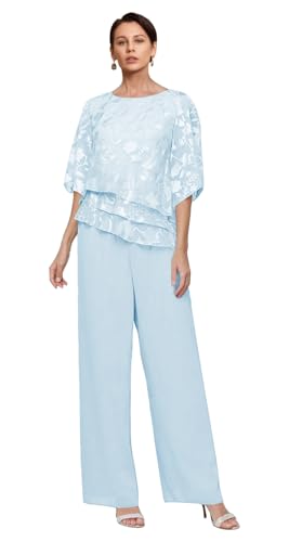 Chiffon Floarl Grandmother of The Bride Pant Suits Half Sleeve Mother of Groom Pantsuits Sky Blue