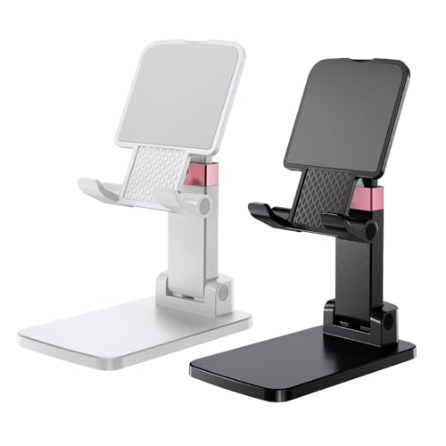 Meizigua Phone Holder for Desk Cell Phone Holder Height Angle Adjustable Stands, Anti-Slip Base, Compact Design for iPhone Android Devices,White&Black,2Pack