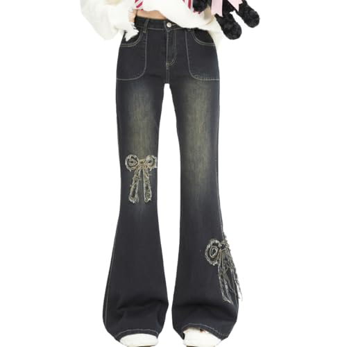Fashion Casual High Waisted Jeans for Women Y2K Vintage Cute Bow Tie Fringe Patchwork Bell Bottom Pants