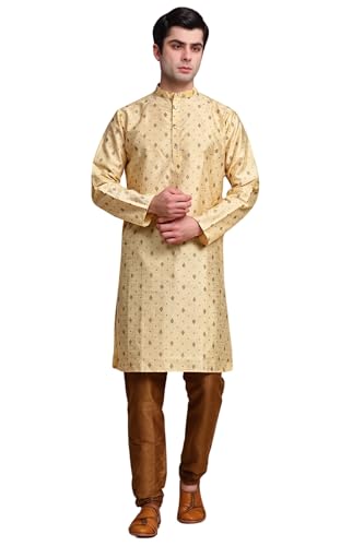 SKAVIJ Men's Art Silk Printed Kurta Pajama Set Ethnic Motifs Block Print Festive Party Dress