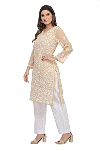 Ada Hand Embroidered Indian Chikankari Women's Georgette Kurti Kurta With Slip A90352,5Xl, Fawn #TOP4