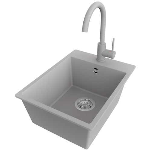 PRIMAGRAN Evier Cuisine en Granit Gris 38x50cm, Lavabo 1 bac + Robinet 32x20cm + Kit de Vidage, Évier à Encastrer au Meuble 40cm - Riga S049